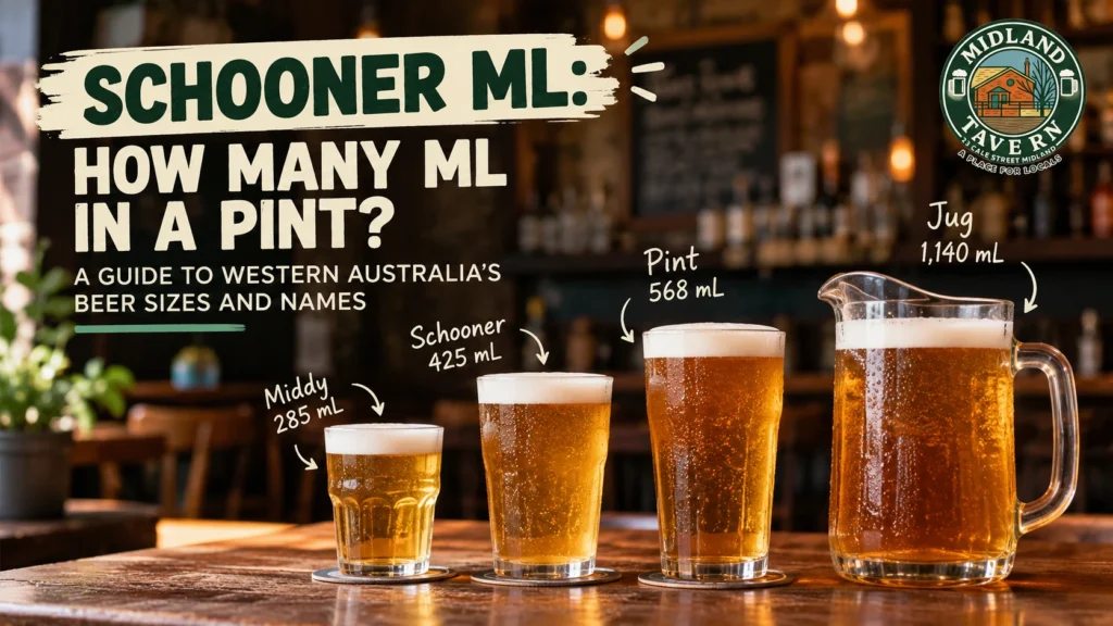 Comparison of Western Australian beer sizes showing a 285 mL middy, 425 mL schooner, 568 mL pint and 1,140 mL beer jug, with Midland Tavern branding.